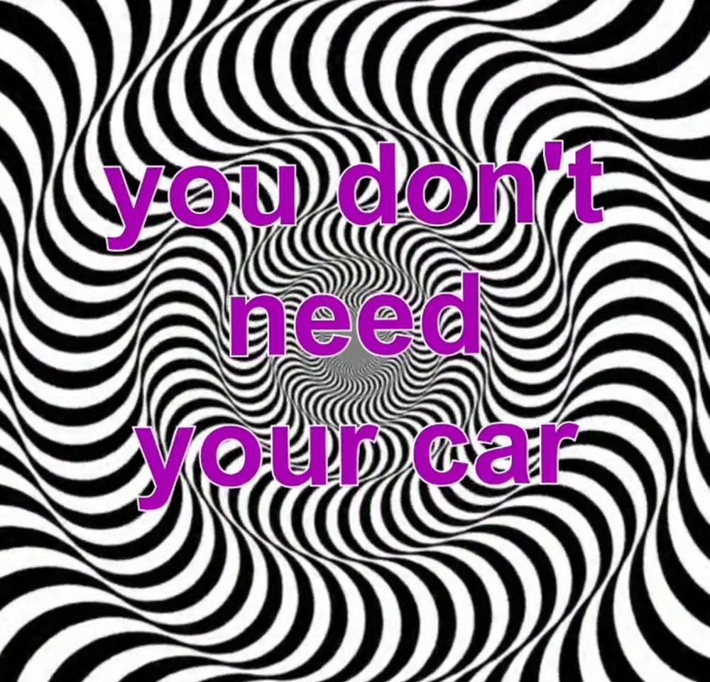 Hypnotizing black and white swirly lines with purple text in front "you don't need your car" 