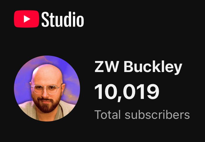 Screen capture of my YouTubr subscriber count, which is 10,019.