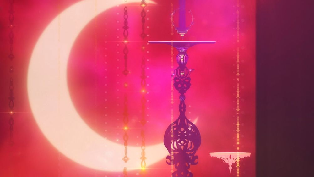An elaborate wrought-iron-looking vertical *thing* hangs in front of a giant crescent moon in a red-tinted magical space otherwise filled with ? vertical chains.
