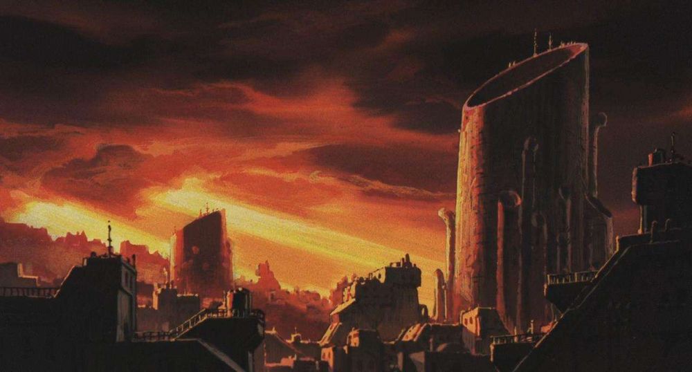 Late-day sun breaks through gaps in the clouds, lighting a futuristic industrial landscape. [Venus Wars]