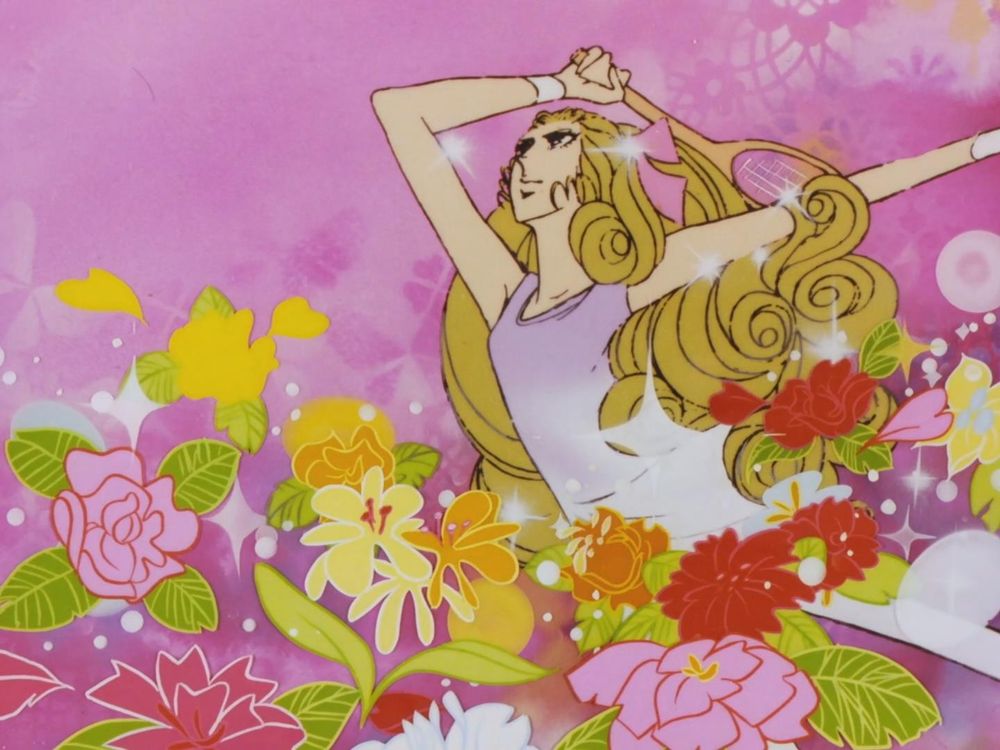 Ryuuzaki leaps to strike the tennis ball from above, surrounded by flowers.