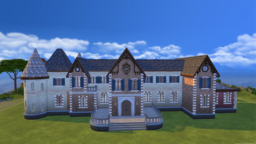 Picture of a Sims 4 version of the real life chateau de Béguin in France. The Screenshot shows the shell of a castle like building in the world of Windenburg on the Von Windenburg-Estate lot. 