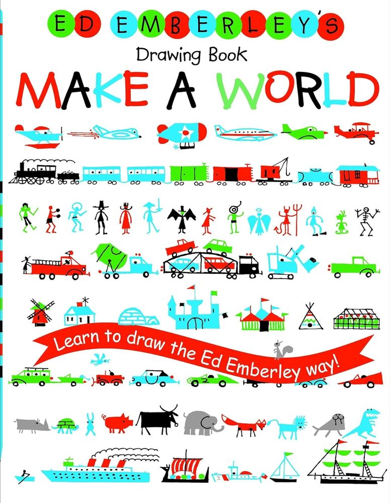 The cover of Ed Emberley's book "Make a World". It is covered with dozens of tiny ink and color drawings of everything from stick figure characters to animals, vehicles, and buildings.