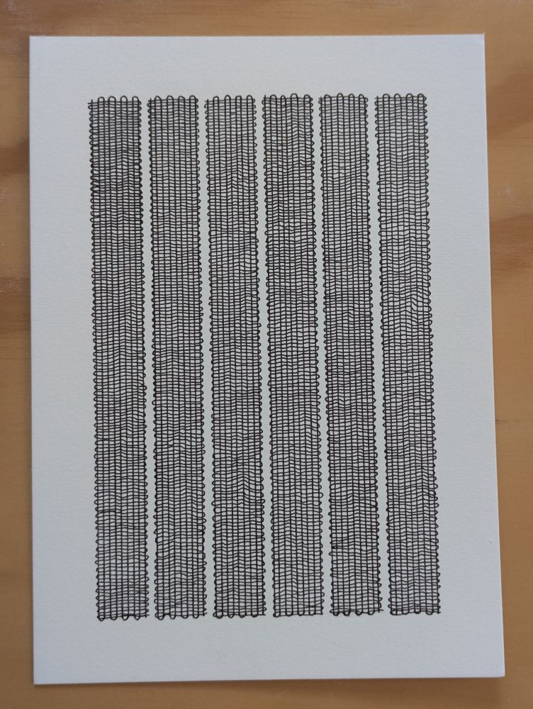ink on paper abstract drawing with columns of gridded lines resembling weaving 
