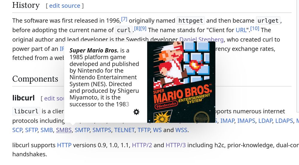 screenshot showing wikipedia (mistakenly) explaining the SMBS protocol as "super mario bros" instead of "Server Message Block" or SMB over TLS.