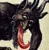 Ilustração do Krampus, ser de chifres, longa língua e olhos arregalados. 