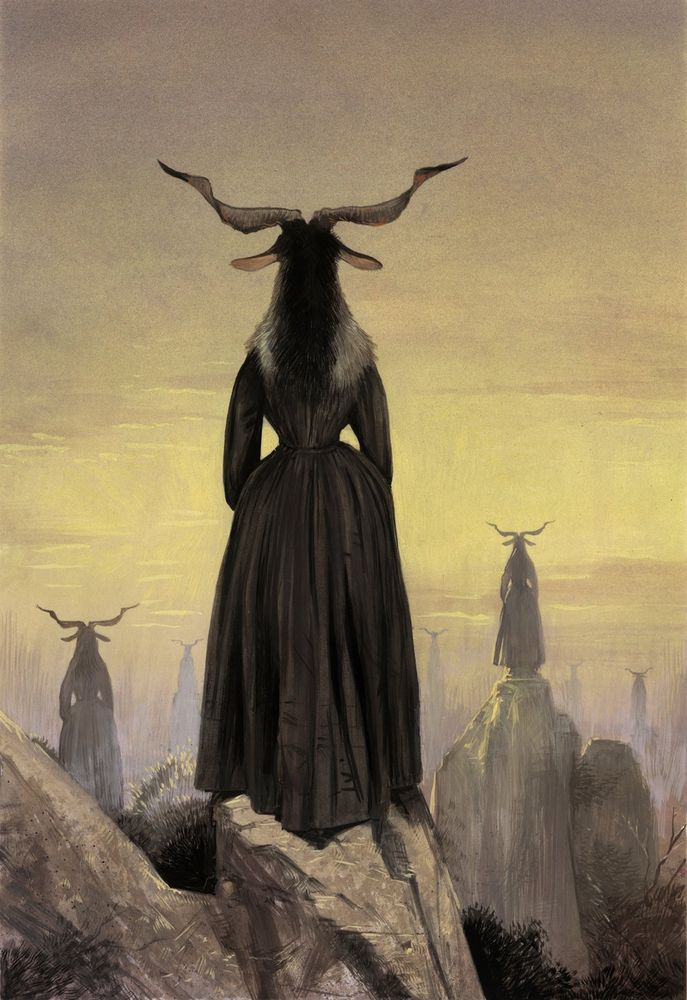 The Goat Witch (La Semaine) de Bill Mayer. Quadro de 3 bodes antropomórficos de costas para o observador, têm corpos de mulher de vestidos negros, estão sobre rochedos, com céu com nuvens ao fundo. A obra está toda em tons pastéis, com os seres destacados em tons mais escuros. 