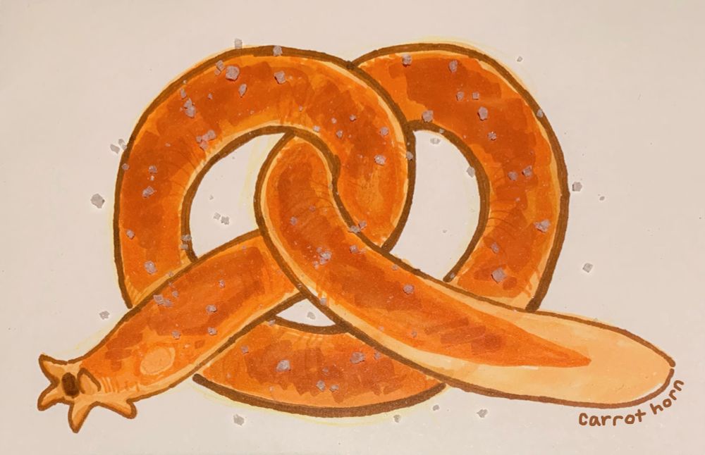 Alcohol marker art of a pretzel-shaped-and-colored hagfish. The art is sprinkled with salt crystals. 