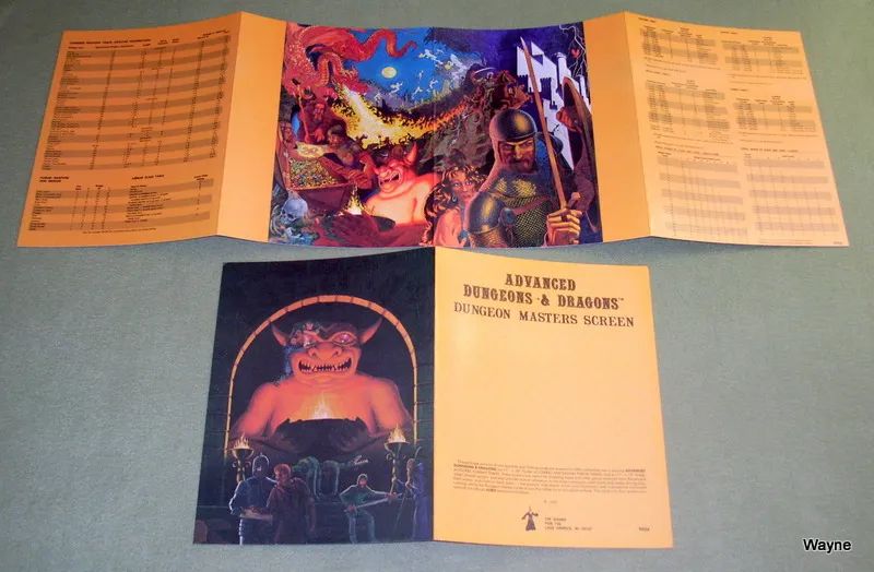 First Print DM Screens for AD&D 1st Edition. One is four panels with art on the middle two and the side panels containing information that the players can read, the second being a simple 2 panel one with the iconic "party stealing a jewel from the eye of the idol" art one one panel while the other reads "Advanced Dungeons and Dragons Dungeon Master's Screen" on the other.