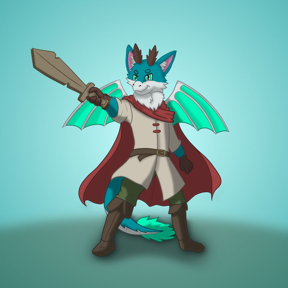 Teal dragon-fox boy wearing a fantasy adventurers outfit, red cape, and holding a carboard sword. On a blue gradient background.