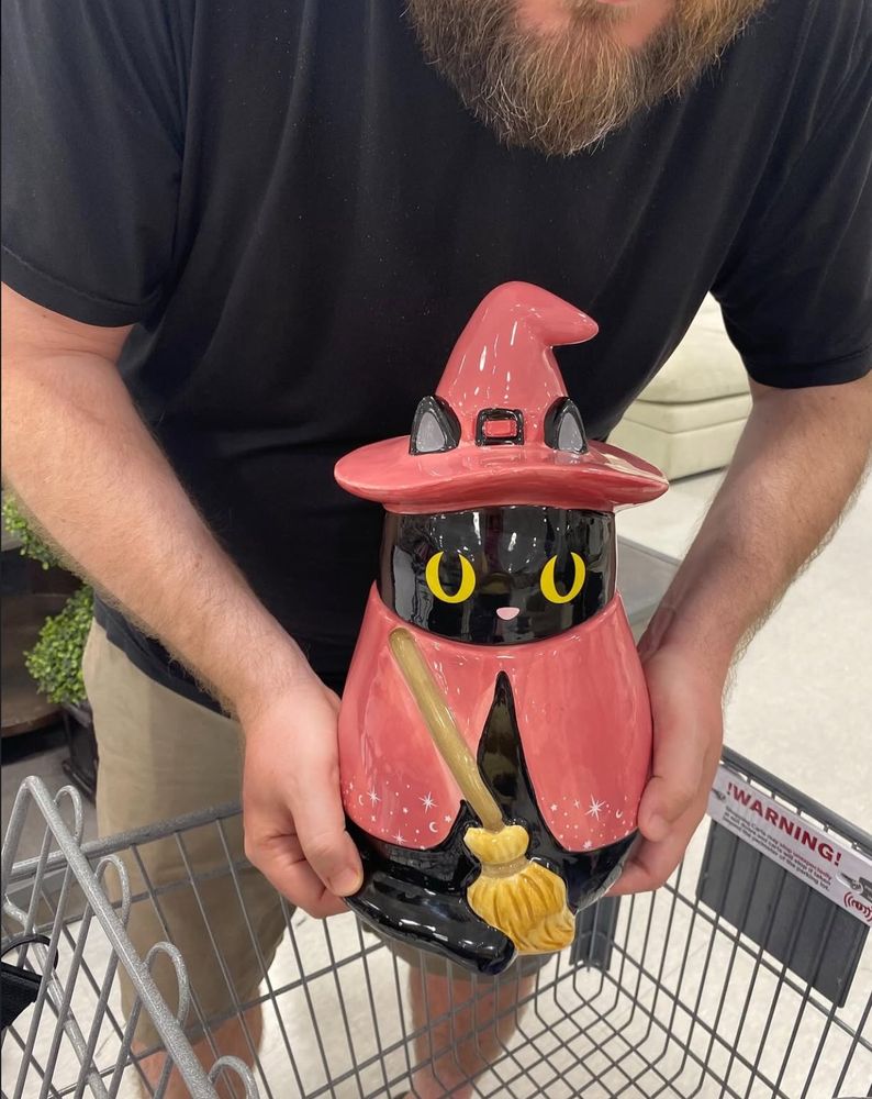 The protagonist holds a ceramic cookie jar over a shopping cart. The jar is shaped like a black cat wearing a pink witch’s hat and cloak, holding a broom. He bought it at Winners for $20 because why the hell not.