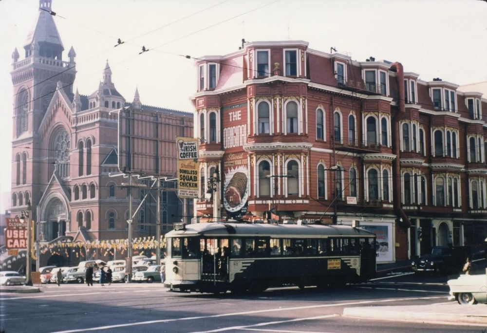 B Geary streetcar crossing Van Ness Avenue (courtesy of Market Street Railway)