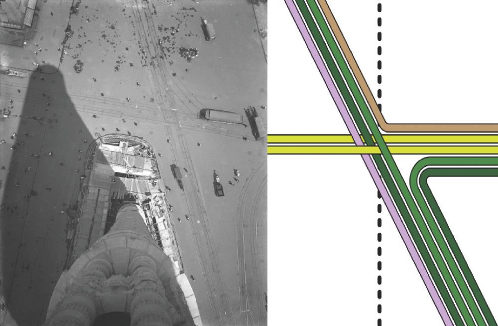 On the left is an aerial image of an historic street from the top of the Flatiron Building in Manhattan, New York, showing streetcar tracks that existed at the time the photo was taken in 1909. At the right is an excerpt from a modern-style transit map from the same perspective showing the streetcar services that operated on those tracks.