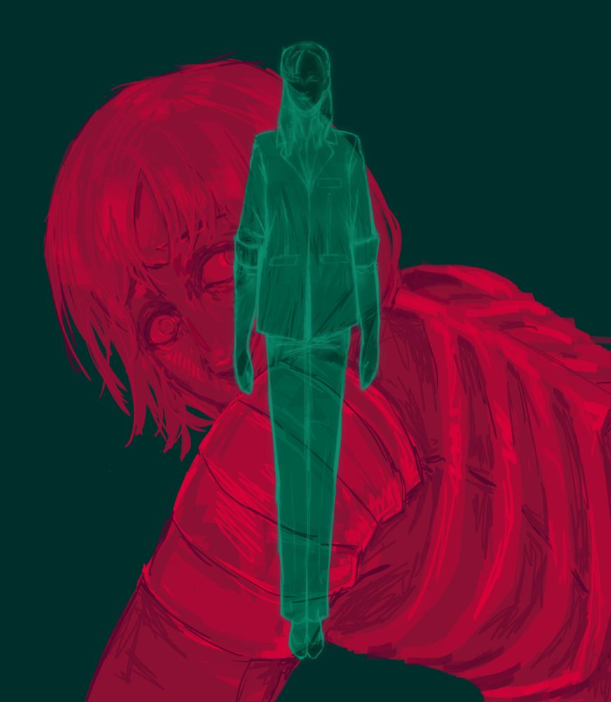 A scribbly drawing of Raiden from Metal Gear Solid 2 hunched over, panicked. In front is a transparent drawing of rose standing calmly.