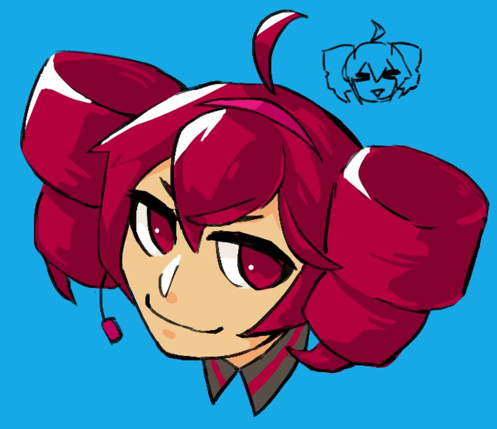 A headshot of Kasane Teto on a blue background. There's also a little teto in the corner.