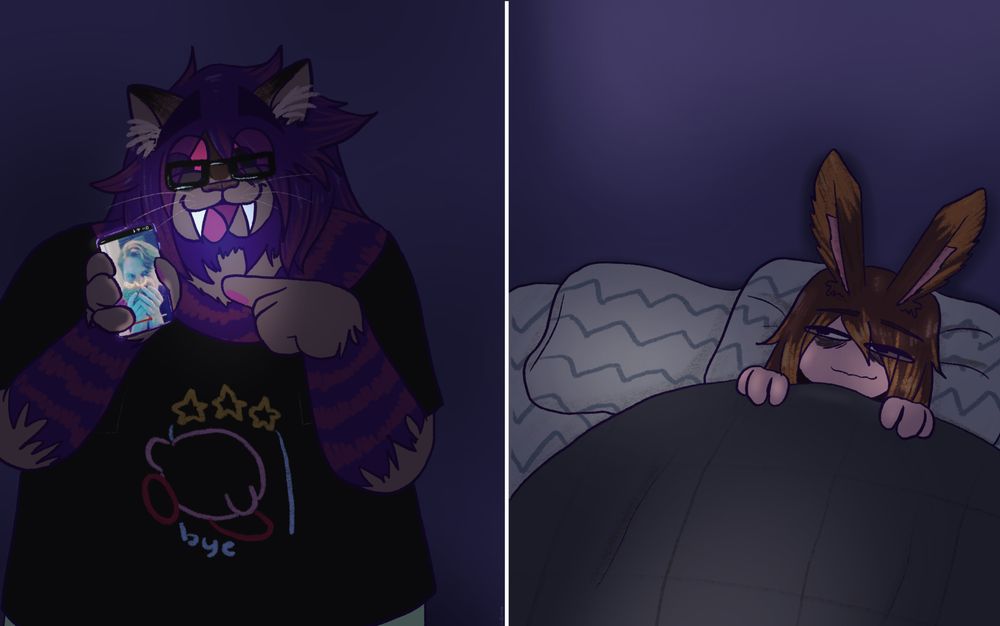 The format of this drawing in general is based on the "me explaining to my mom" meme.
Grims Wryly (hrothgar, they/it/he) and Milo Ames (viera, he/him) in their dwelling around bedtime. Grims is showing Milo that one clip of Jerma eating Burger King, you know, the one I think literally every person on the planet has seen. Milo, smiling but SEVERELY EXHAUSTED from his day job, is looking at Grims' phone. He just wants to sleep. The glow of a low-volume TV facing Milo is on the bed, the back wall, and slightly on his face. The light from Grims' phone is illuminating their face and hand. Grims is extremely happy, not realizing yet how tired their partner is.