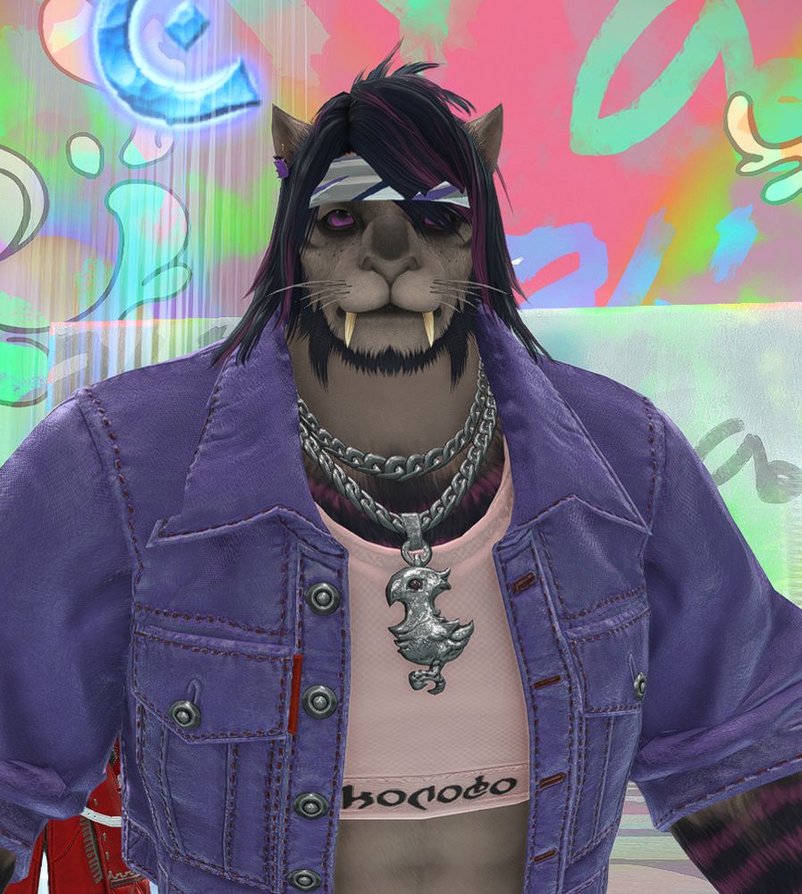 A male hrothgar with purple and pinkish-highlighted hair.