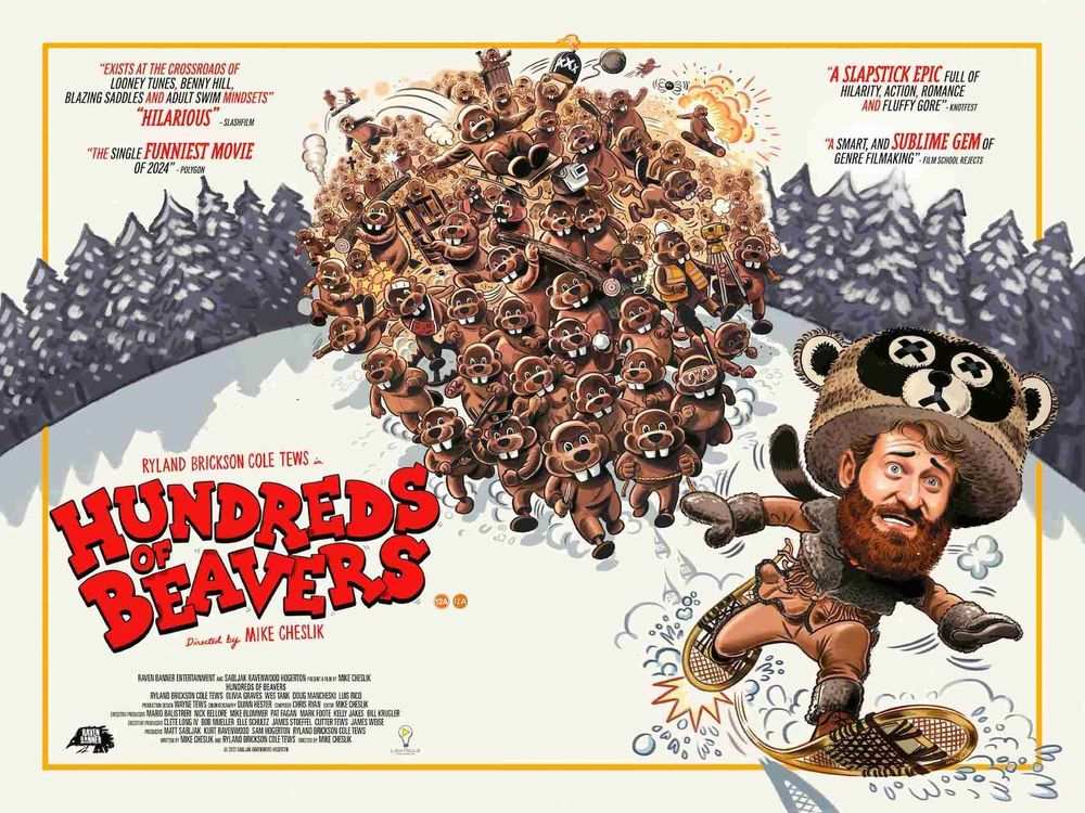 Film poster for "Hundreds of Beavers" (2022) A man in big snow shoes and a big dead Beavers hat being chased comically through the snow by many Beavers.