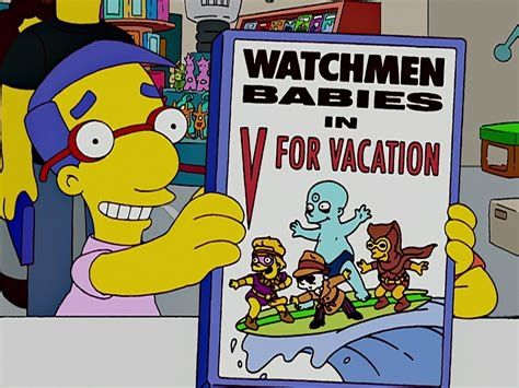 Millhouse from The Simpsons holding a copy of a comic book titled WATHMEN BABIES IN V FOR VACATION

with baby Watchmen characters surfing a wave.