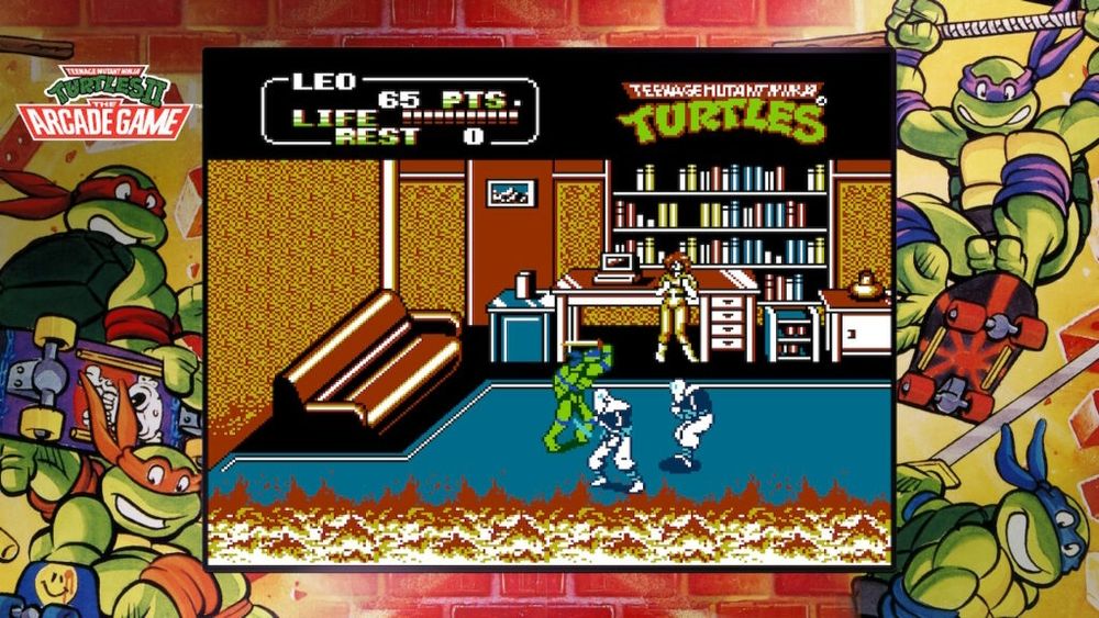 Image from Teenage Mutant Ninja Turtles video game. Leonardo is kicking arse, and April O'Neil is on the screen as well.