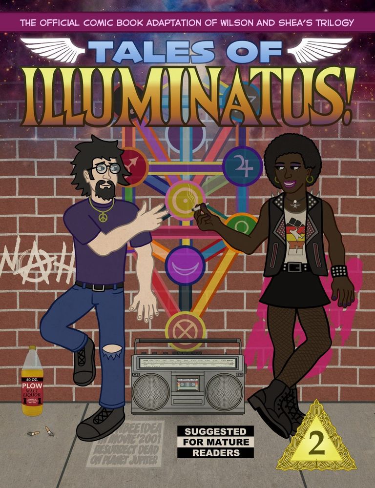 Cover art for Tales of Illuminatus! #2 - Featuring Mary Lou Servix passing a joint to Simon Moon in front of a graffiti tree of life design, a boombox sits between them :)))