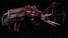 Red Dwarf, the red space ship from the books and TV show, in space.
