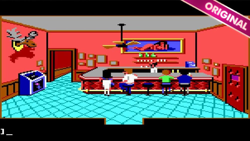 A pixilated and very brightly coloured still image from Leisure suit Larry 1. A bar room scene with 4 people on bar stools, a bartender, also in the room is a juke box, a stuffed mouse head on a wall, and above the bar is a picture of a naked lady lying down.