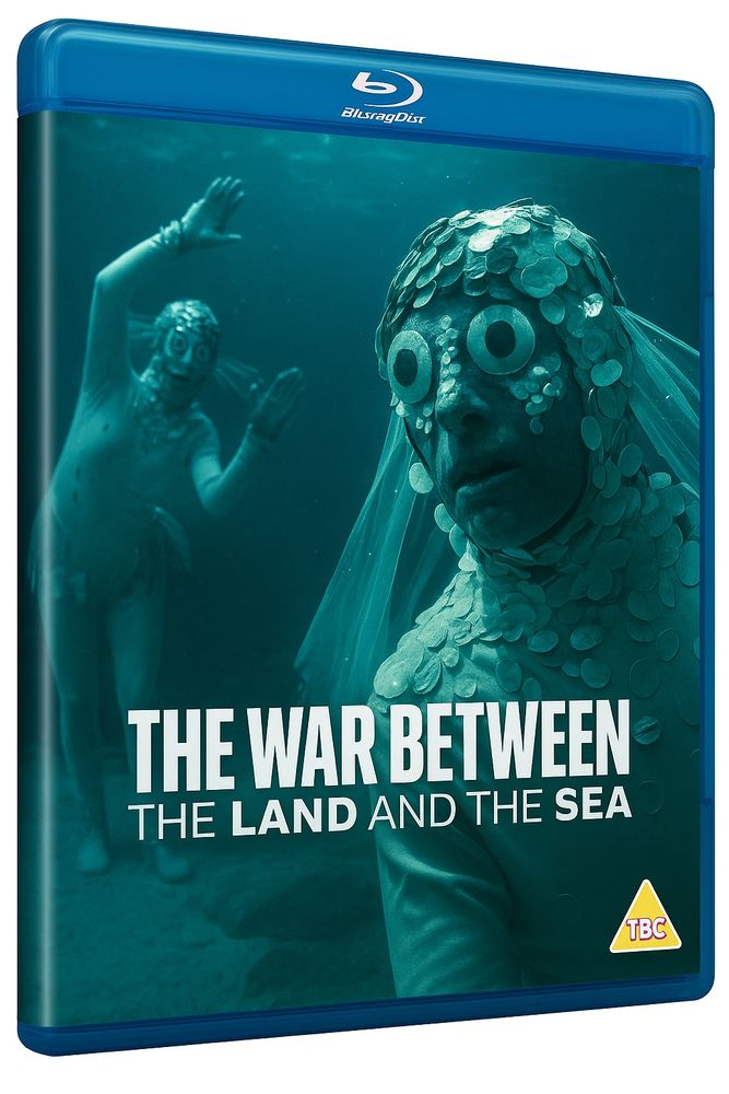 AI generated spoof Blu-ray cover showing underwater people from The Underwater Menace juxtaposed with the logo for The War Between The Land And The Sea