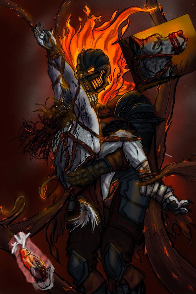 A dark night with fire flowing from under his helmet loops his arms under a werewolf in wool and leather tied up and suspended  in burning bramble. The wolf’s Pictish hood’s fringe flies up from the motion of the fiery accented cock filling his depths. A close up shows Jonah’s pleasured expression, one of the thorny vines inside his mouth. The other close up shows the revenant’s cock erupting