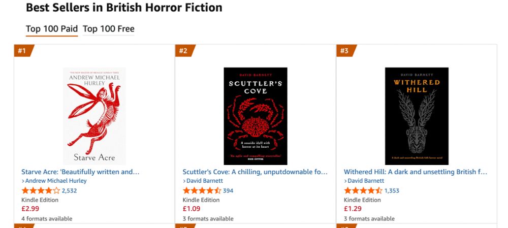 Screenshot of Amazon showing Barnett's books just behind STARVE ACRE