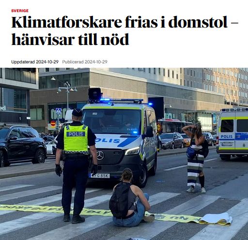 Newspaper heading "Climate scientist acquitted in court - citing emergency"