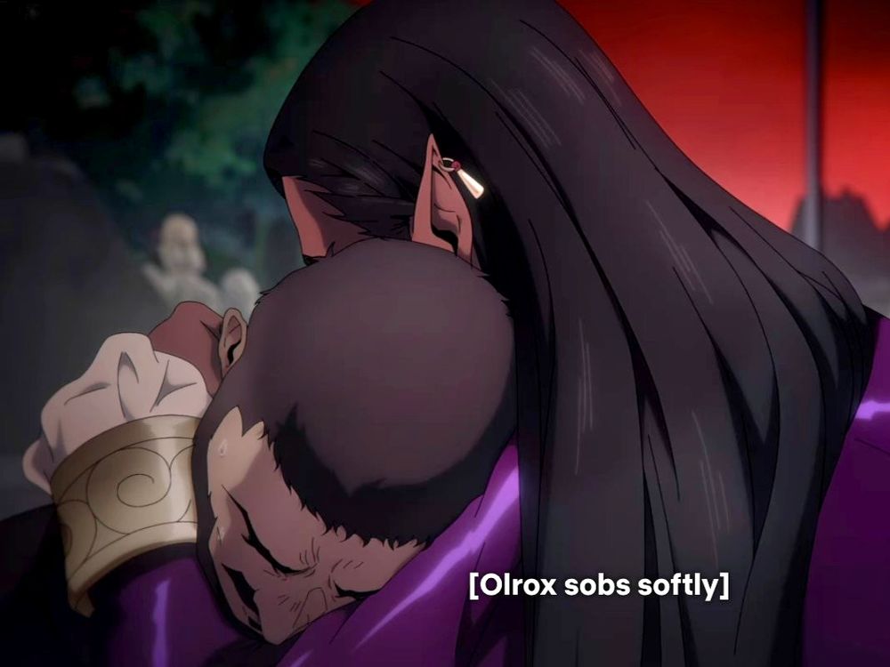 Olrox sobbing and holding Mizrak in his arms after Mizrak was injured during the fight. From Castlevania Nocturne season 2.
