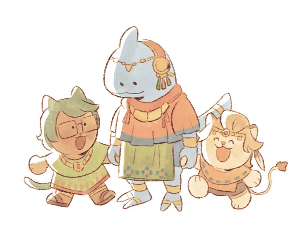 final fantasy 14 fanart depicting koana, zoraal ja and wuk lamat as children holding hands