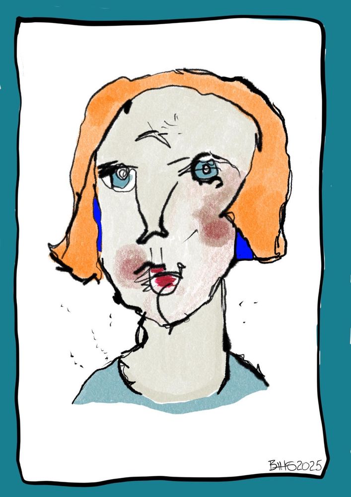 Head and shoulder portrait of a woman in ink with ginger bob hairstyle framed in petrol blue and with bright blue rectangular ears partially hidden beneath the hair representing audism.