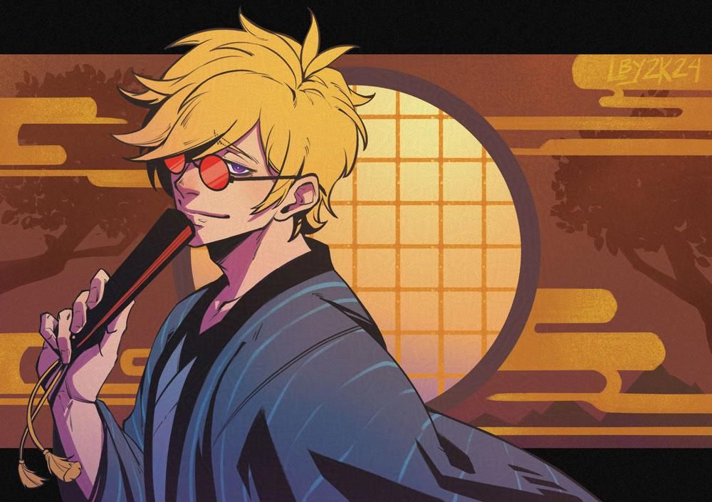 Hancock holding a folded fan near his lips. His background is red wall, with japanese-styled window, golden accents, silhouettes of trees and mountains on the wall