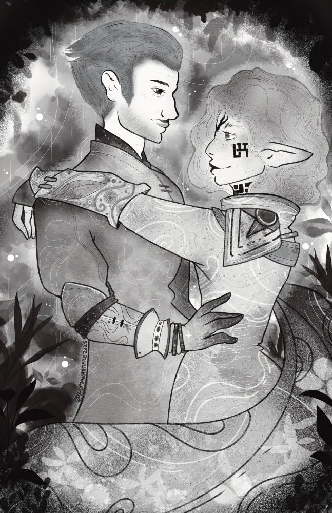 An elf Rook named Lux embraces Emmrich from Dragon Age Veilguard. 