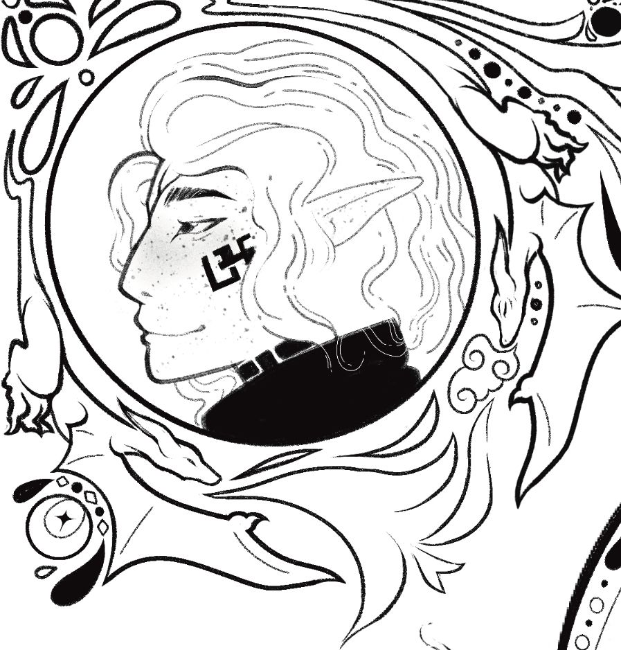 An elf with freckles. He has lose curly hair, elven face & neck tattoos. His name is Lux.