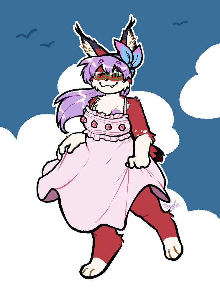Red furry lynx in purple hair and green glasses looking so serene and happy in a baby pink colored sundress in the clouds on a windy day