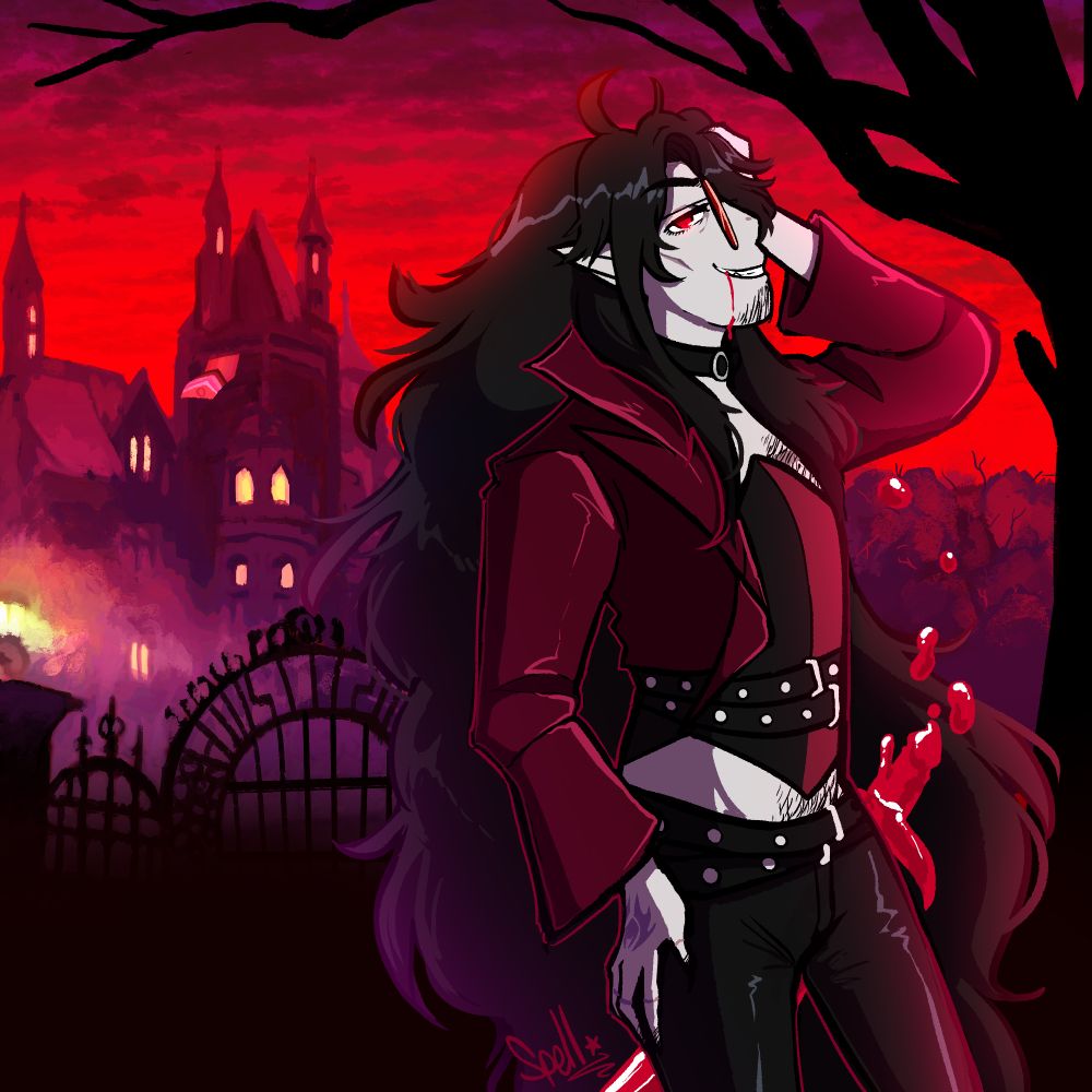 Gay ass vampire (love u vin) vogue posing to the side in front of his vampire castle coated in purple, red, and black hues sporting a blood sword at his side