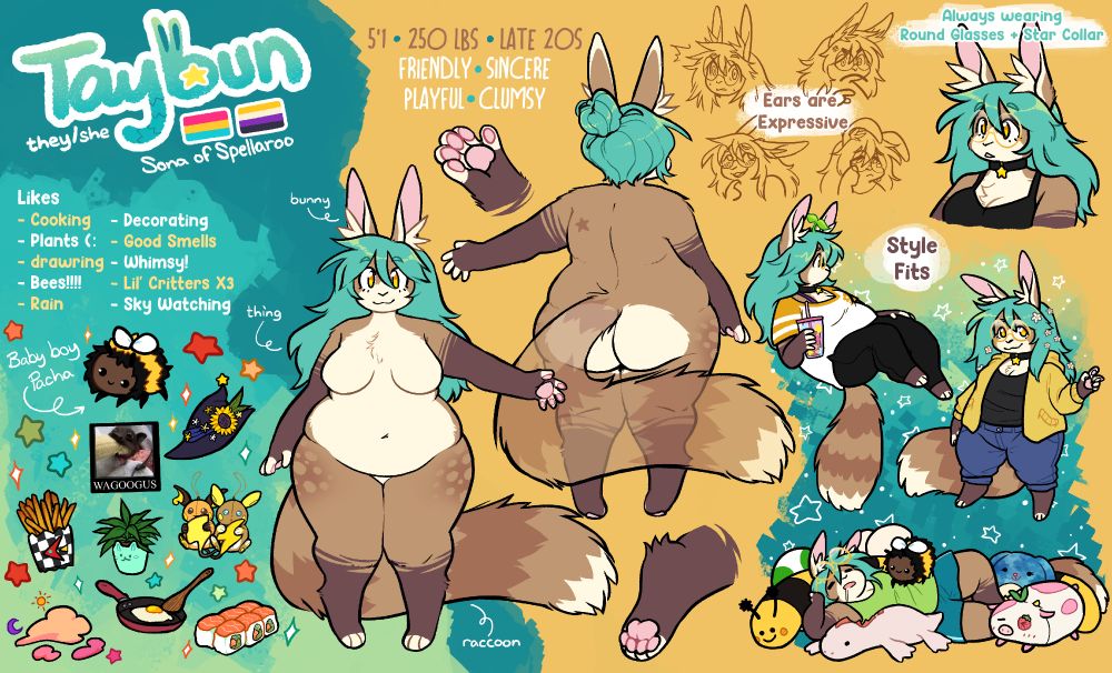 Ref Sheet of Taybun with different angles of the character and items associated with her.