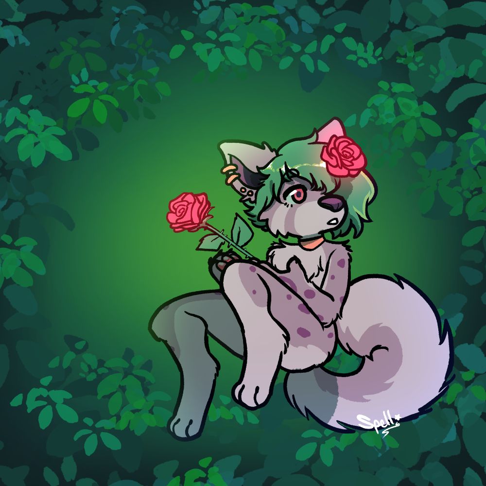 A spotted furry sitting in a forest looking entranced with their surroundings. Roses are growing from their green hair hair and paws. They are sitting in a lush green background. 