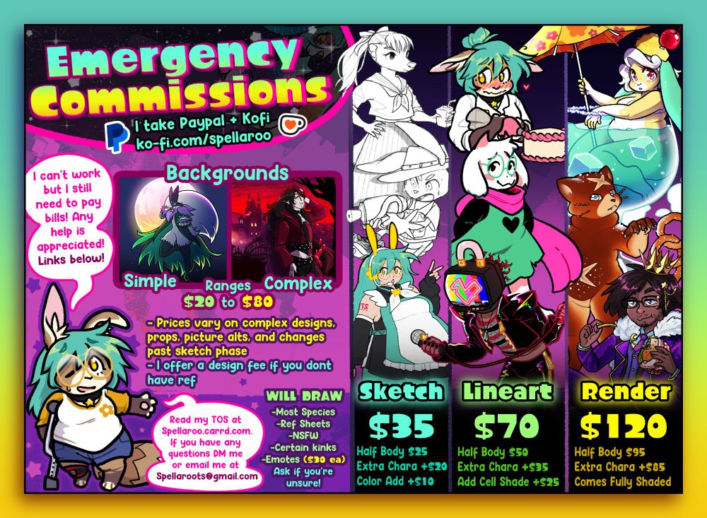 A commission page full of price listings and examples of Spellaroo's artwork. 