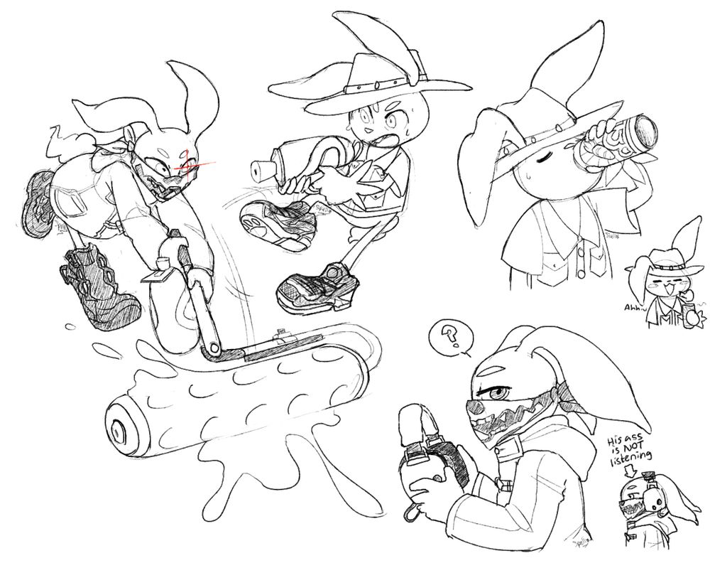 An assortment of doodles of 2 splatoon fan characters as bunnies. 1 set fighting and the other set is them chilling separately. 
