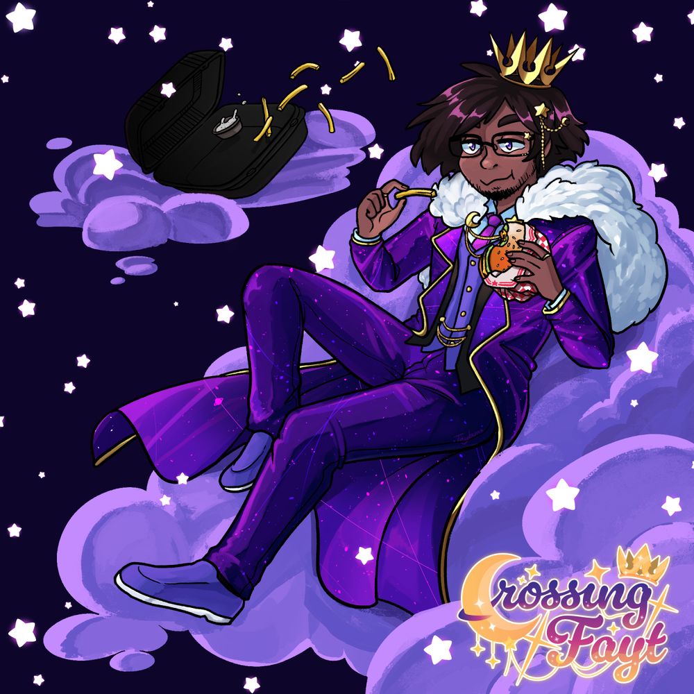 Well dressed space king in a purple space-printed suit and tie wearing a crown. He is chilling on a fluffy cloud eating a burger and fries. 