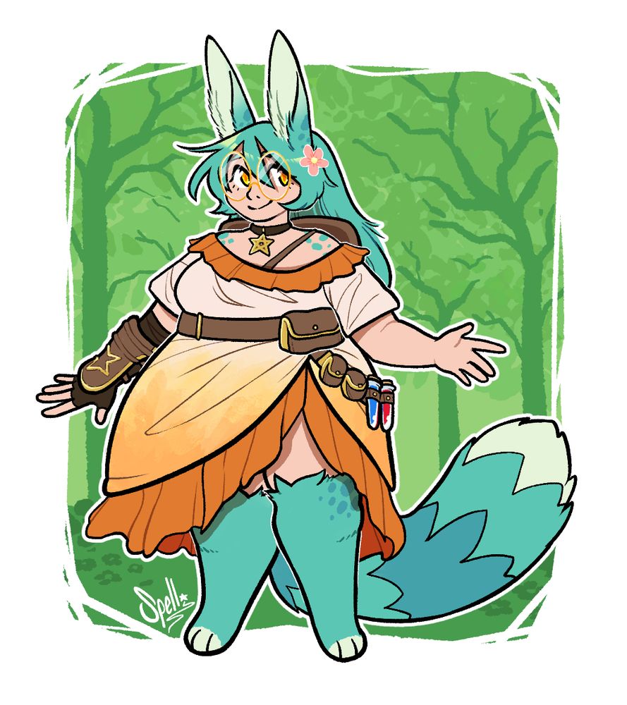 A Drawing of a half bunny half human girl. She's human with teal bunny legs, teal bunny ears, and a long striped tail. She's wearing a fantasy outfit sporting a bright orange dress with big round glasses. She has a leather hand brace with leather bags and potion viles around her waist and a star collar. She's in a very green forest