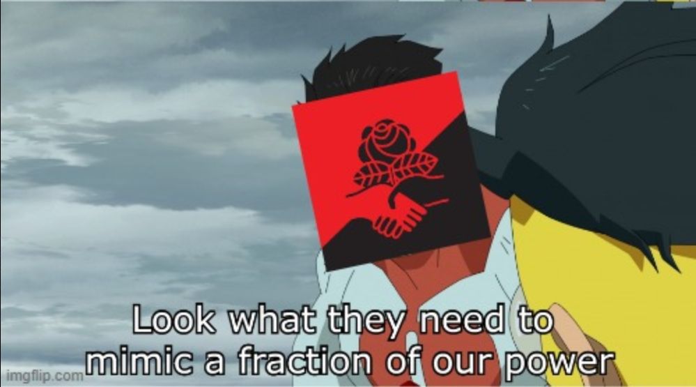 a screenshot from "Invincible" where Omni Man says "Look what they need to mimic a fraction of our power" to Invincible. Omni Man's face has the @dsa-lsc.org logo edited onto it, to indicate that it's LSC pointing out our power level, and imitations thereof.