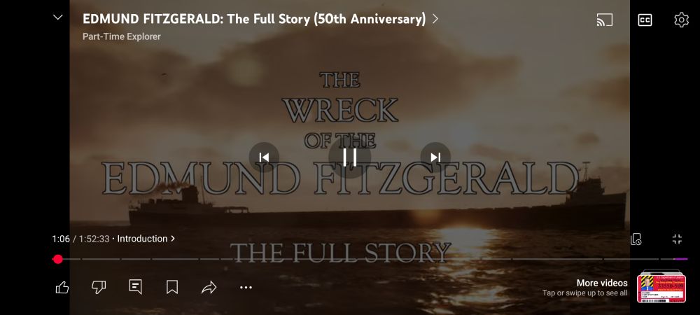 A screenshot of a two hour YouTube video about the wreck of the Edmund Fitzgerald