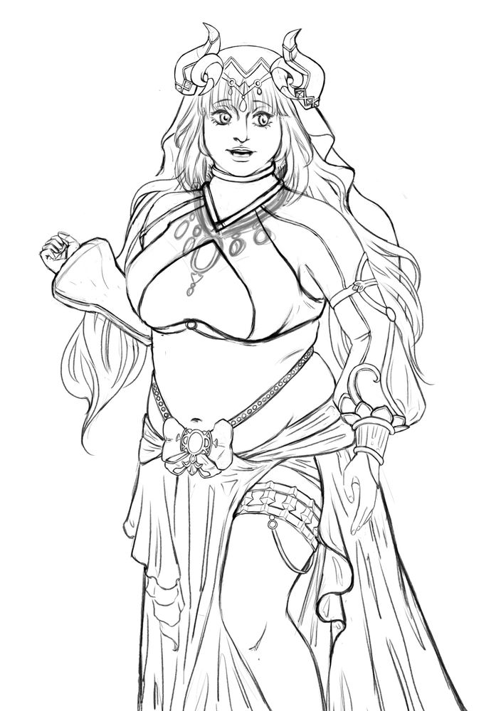 unfinished line drawing of chubby nilou in her normal outfit but longer skirt. inspo and ref was from a dancer on tiktok that i unfortunately do not remember cause it was years ago