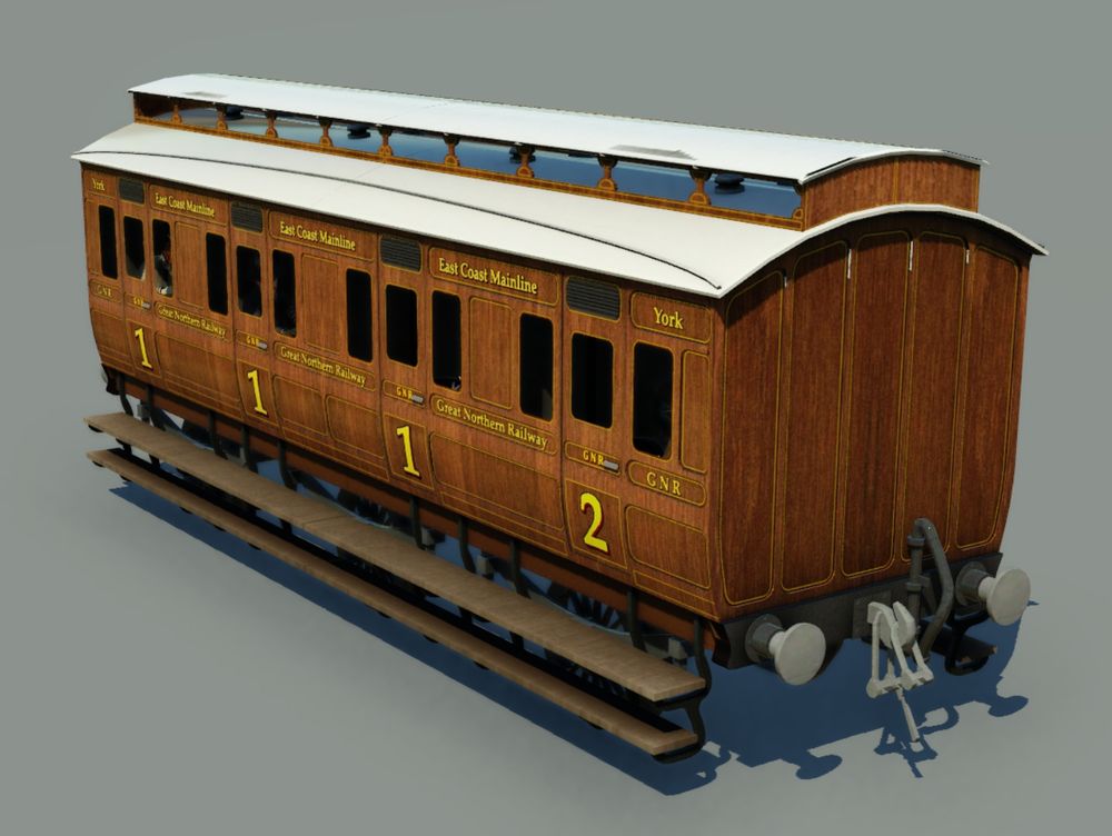Most recent model of a 1870s Teak passenger coach, rendered in Transport Fever 2's model viewer.