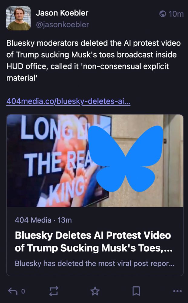 BlueSky screenshot showing them removing a legitimate protest video. 